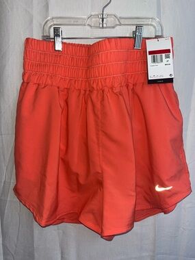 Nike Women’s Coral-Red Athletic Shorts with Smocked Waist